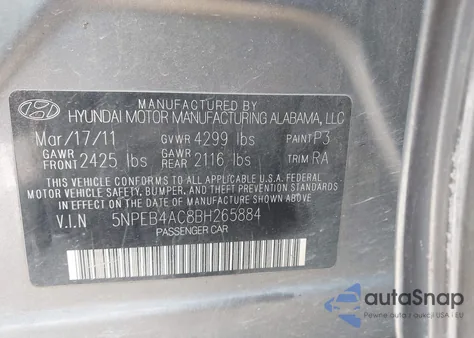 2011 Hyundai Sonata z USA, uszkodzony, nr VIN 5NPEB4AV8BH265884